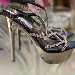 Never Worn Strappy Black and Rhinestone Platform Evening Heels